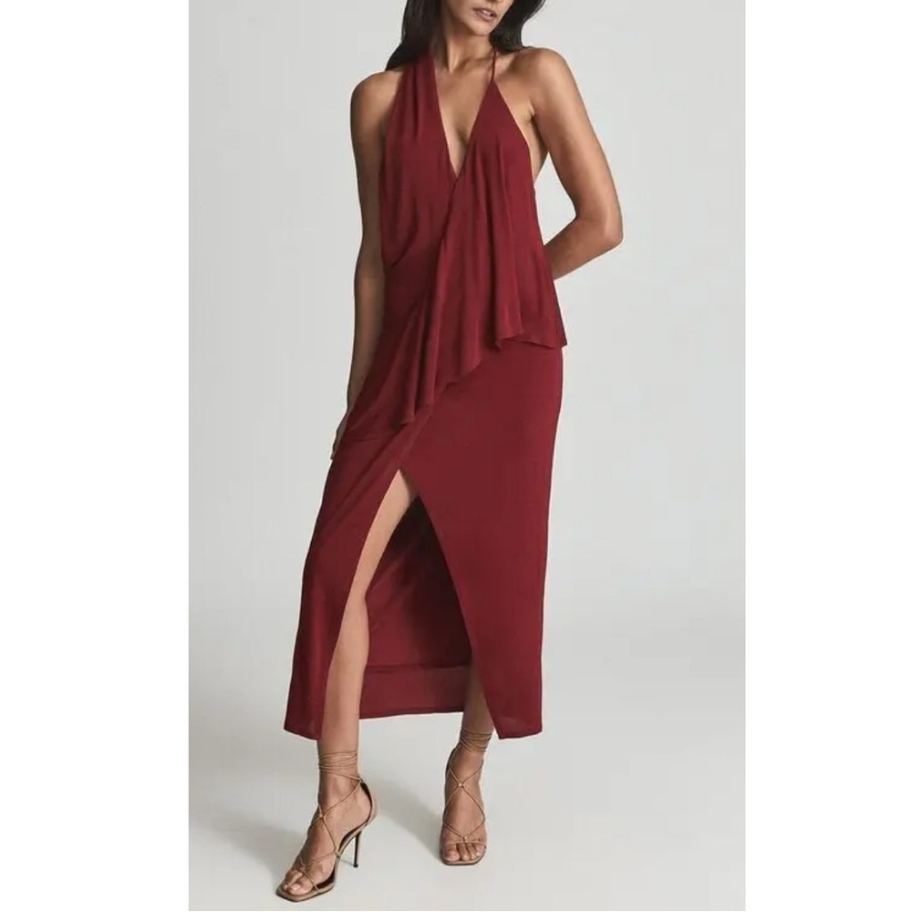 NEW REISS Xena Strappy Open Back Cocktail Midi Dress Dark Red